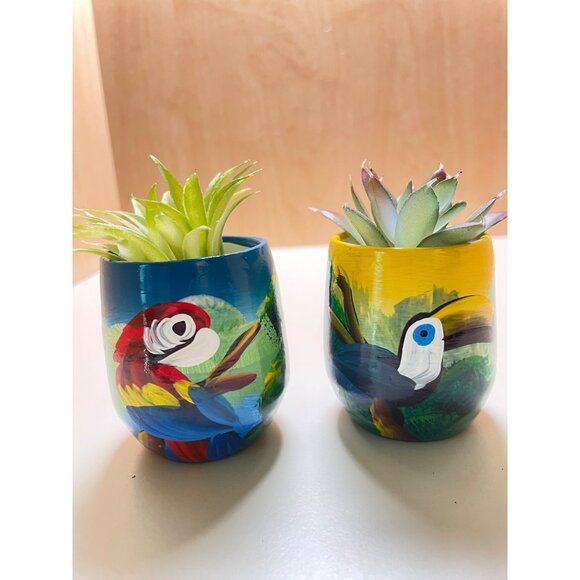 Set of Hand Painted small Mugs/planters with Tropical Birds, Handled from Mexico - Picture 6 of 10